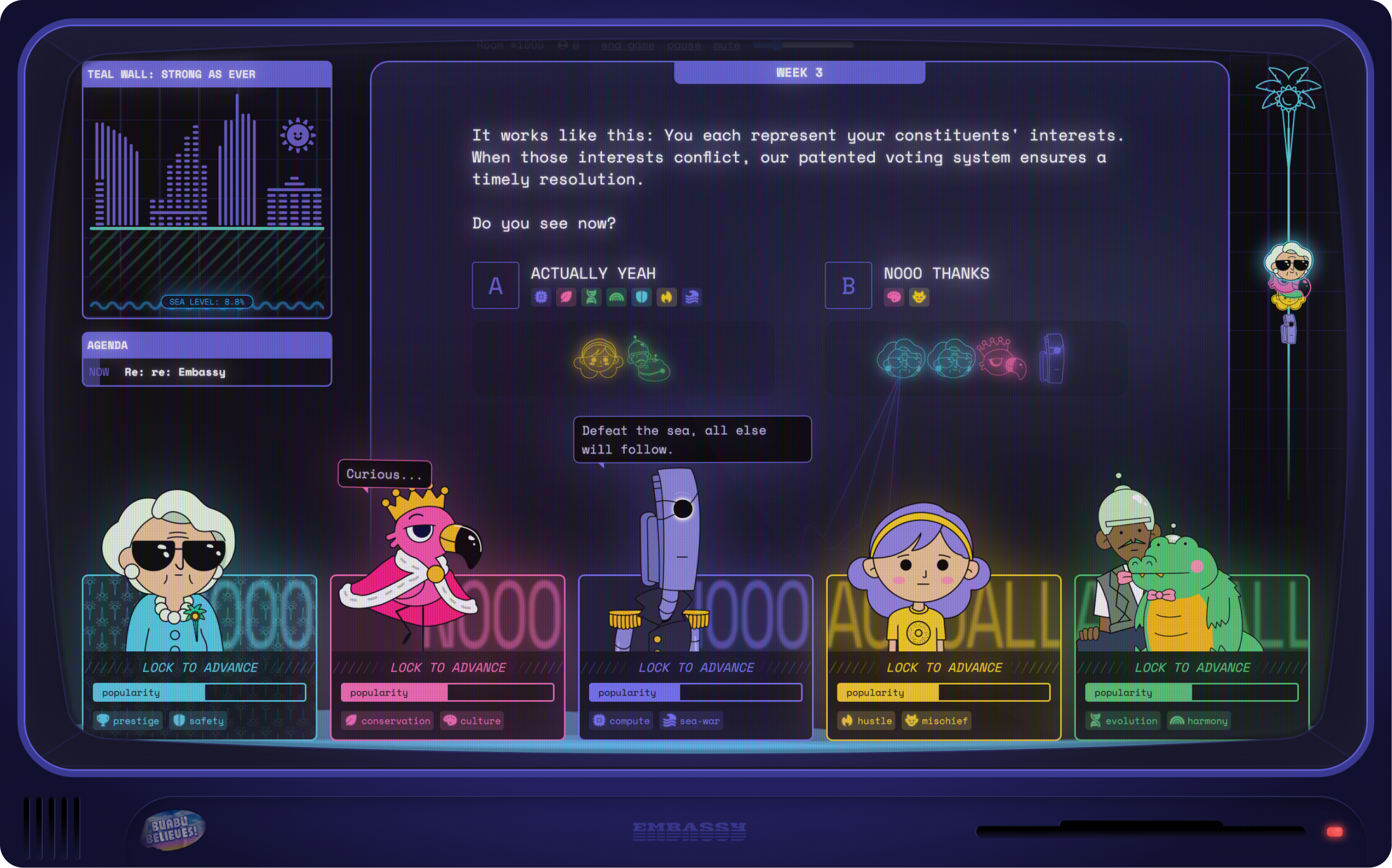 Tide Breakers: A city-council simulator for six players and unlimited spectators